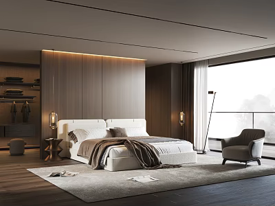 Modern Bedroom Interior With Wooden Wall King Bed Area Rug Floor Lamp And Armchair 3d model