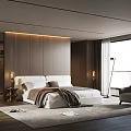 Modern Bedroom Interior With Wooden Wall King Bed Area Rug Floor Lamp And Armchair