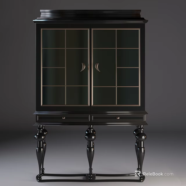 Black Sideboard With Double Glass Panel Doors Bottom Drawers And Ornate Curved Legs 3d model 