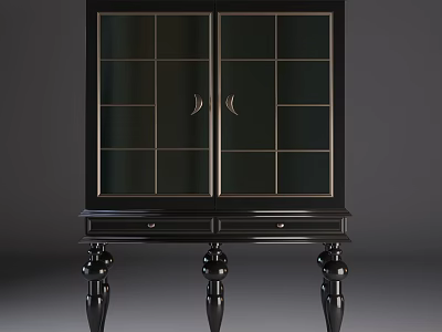 Black Sideboard With Double Glass Panel Doors Bottom Drawers And Ornate Curved Legs 3d model