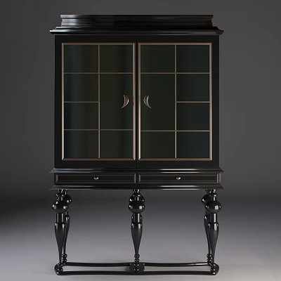 Black Sideboard With Double Glass Panel Doors Bottom Drawers And Ornate Curved Legs 3d model
