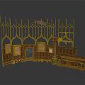 Medieval Wooden Scene Components With Gothic Arch Railings Display Cabinets And Blackboard
