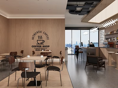 Authentic Coffee Shop Interior With Wooden Walls City View Tables Chairs And Bar Counter 3d model