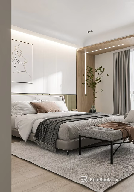 Modern Minimalist Bedroom With Bed Artwork Green Plant And Curtains 3d model 