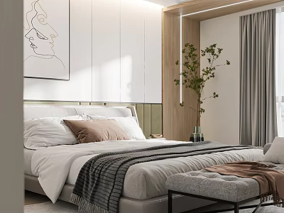 Modern Minimalist Bedroom With Bed Artwork Green Plant And Curtains 3d model