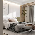 Modern Minimalist Bedroom With Bed Artwork Green Plant And Curtains