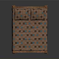 Classic Wooden Bed With Carved Frame And Checkered Bedspread And Pillows