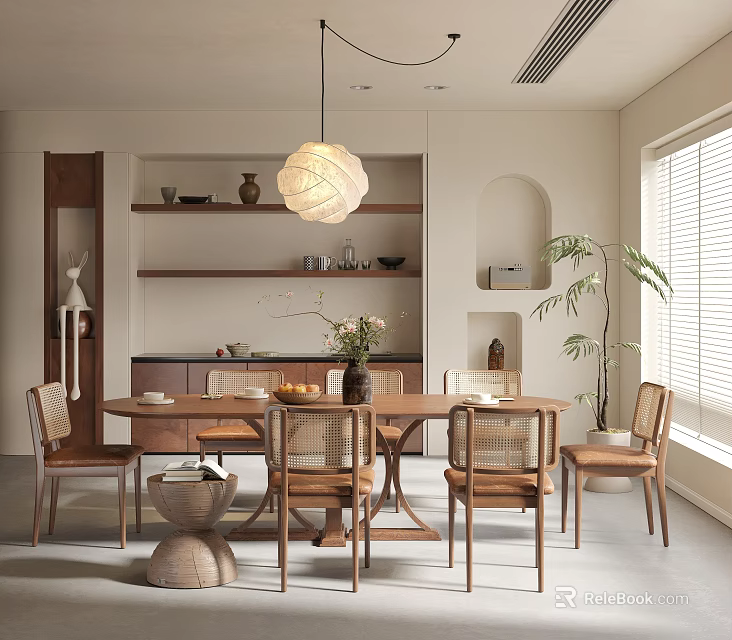 Cozy Restaurant Interior With Wooden Dining Table Wicker Back Chairs Open Shelves And Pendant Light 3d model 