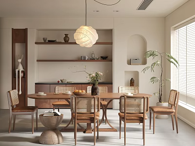 Cozy Restaurant Interior With Wooden Dining Table Wicker Back Chairs Open Shelves And Pendant Light 3d model
