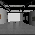Contemporary Art Gallery Interior With White Walls Gray Floor Hanging Artworks And Display Pedestals
