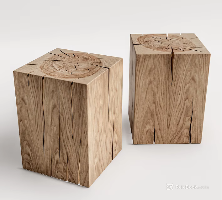 Two Rustic Wooden Stools With Tree Stump Cross Section Natural Wood Grain And Growth Rings 3d model 