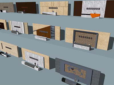 Various Modern Reception Desk Designs With Wooden Counter And Stone Wall Panels 3d model
