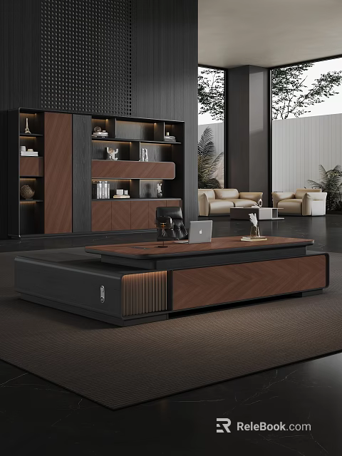 Modern Office Desk With Laptop Black Table Lamp Decorative Items Bookshelf Sofa And Indoor Plants 3d model 