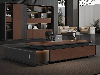 Modern Office Desk With Laptop Black Table Lamp Decorative Items Bookshelf Sofa And Indoor Plants 3d model