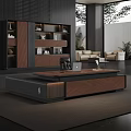 Modern Office Desk With Laptop Black Table Lamp Decorative Items Bookshelf Sofa And Indoor Plants