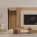 Modern Cream Wood Style Living And Dining Space With Comfortable Soft Home Interior Furnishings