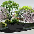 Outdoor Garden Table And Chair Set Surrounded By Cherry Blossom Trees And Green Lawn
