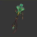 Fantasy Decorative Weapon With Green Gemstones Leaves Red Ribbons And Golden Decorations