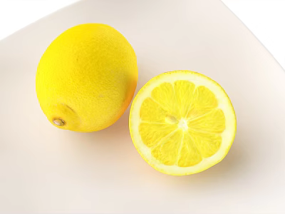 Fresh Bright Yellow Lemons Whole And Cut On White Plate Healthy Fruit 3d model