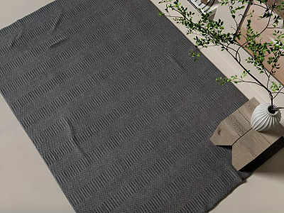 Square Gray Woven Rug With Geometric Pattern And Green Plant On Light Floor 3d model