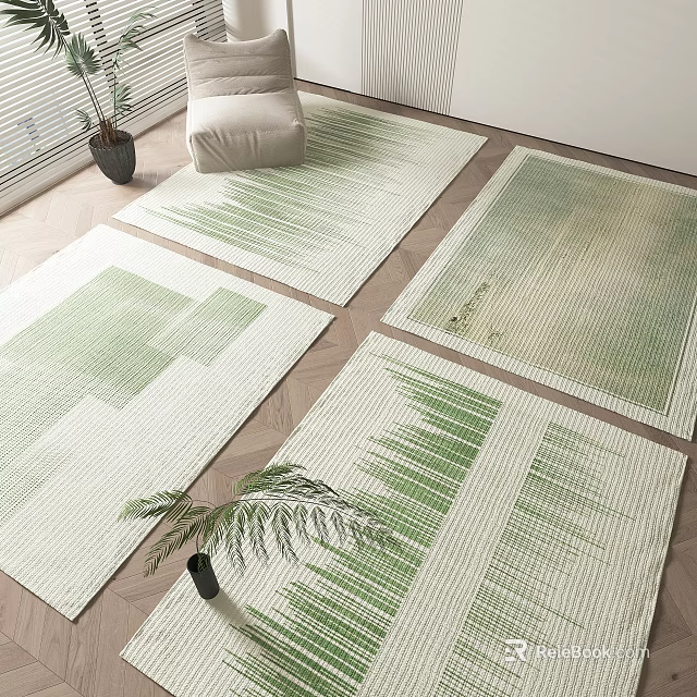Modern Green And White Square Rugs With Geometric Striped Patterns For Living Room Interior 3d model 
