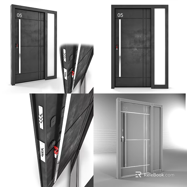 Modern Black Hinged Door With Glass Panel And Stainless Steel Lock 3d model 