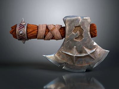 Fantasy Battle Axe With Wooden Handle Leather Wrap And Carved Star Blade 3d model