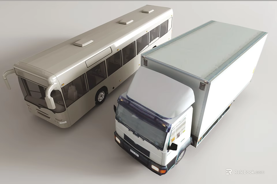 White City Bus Displayed Alongside Silver Cargo Truck on Gray Surface 3d model 