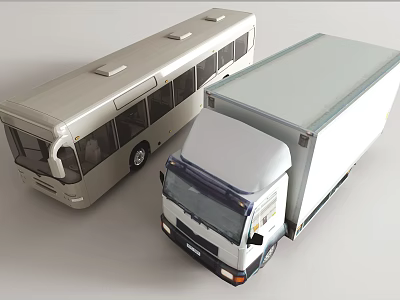 White City Bus Displayed Alongside Silver Cargo Truck on Gray Surface 3d model