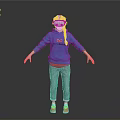 Woman With Red White VR Headset Blue Hoodie Orange Sneakers Arms Outstretched On Gray Background