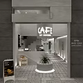 Cafe Interior Design with Sit Down Sign Gray Walls Lighting Counter and Staircase