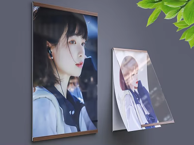 Vertical And Slanted Billboards Showing Female Figures With Headphones Uniform Attire And Green Leaves 3d model