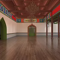 Traditional Chinese Architecture Interior With Wooden Beams Colorful Paintings Red Banner And Green Windows