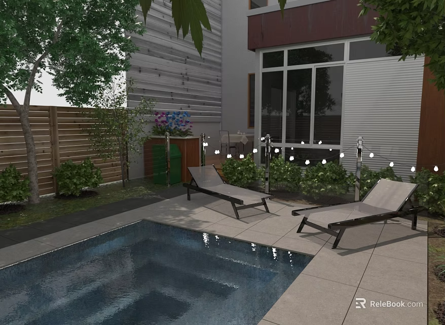 Tranquil Garden Landscape Featuring Swimming Pool Lounge Chairs Green Plants and String Lights 3d model 