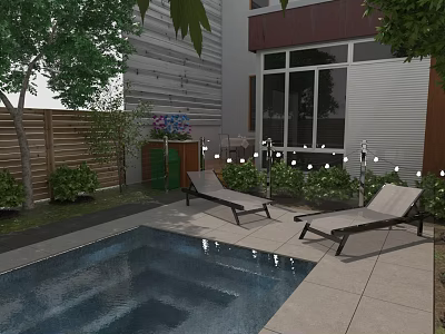 Tranquil Garden Landscape Featuring Swimming Pool Lounge Chairs Green Plants and String Lights 3d model