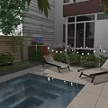 Tranquil Garden Landscape Featuring Swimming Pool Lounge Chairs Green Plants and String Lights