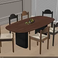 Modern Oval Brown Dining Table With Upholstered Chairs And Fruit Bowl On Light Wood Floor