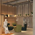 Qipao Themed Clothing Store Interior Featuring Mannequins Wooden Tables Ceiling Lights And Lotus Pattern Floor