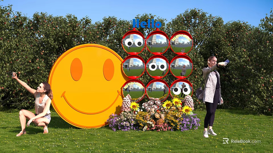 Giant Yellow Smiley Face Photo Spot With Mirror Wall Hello Sign And Flower Arrangement 3d model 