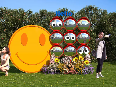 Giant Yellow Smiley Face Photo Spot With Mirror Wall Hello Sign And Flower Arrangement 3d model