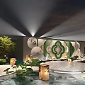 Traditional Themed Stage Scene With Water Lotus Leaves Lanterns And Costume Figures