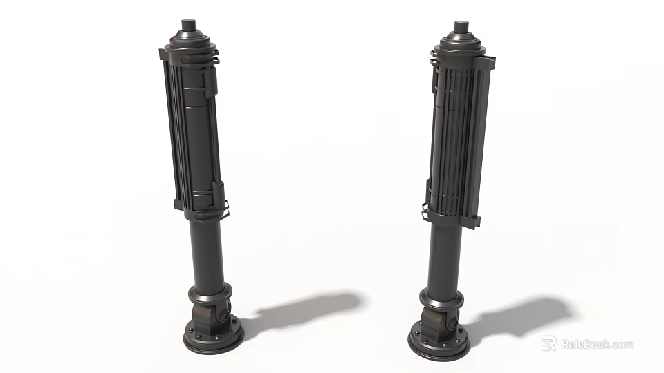 Two Black Columnar Industrial Equipment With Metal Base And Mechanical Components 3d model 