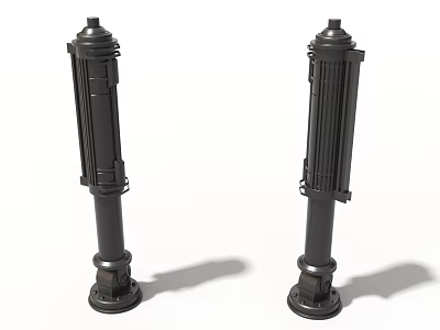 Two Black Columnar Industrial Equipment With Metal Base And Mechanical Components 3d model