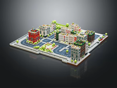 Cartoon Miniature City Scene With Colorful Buildings Streets And Green Trees 3d model
