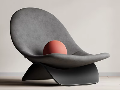 Modern Curved Gray Accent Chair With Red Sphere On Light Colored Wall And Wooden Floor 3d model