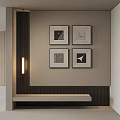 Modern Interior Featuring Four Abstract Paintings In Black Frames On Wall With Lighting 3d model