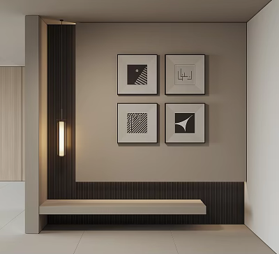 Modern Interior Featuring Four Abstract Paintings In Black Frames On Wall With Lighting 3d model