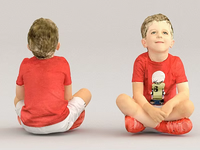 Man Sitting in Red Shirt White Shorts with Back Front Views Showing Graphic Design 3d model