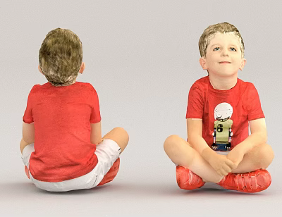 Man Sitting in Red Shirt White Shorts with Back Front Views Showing Graphic Design 3d model
