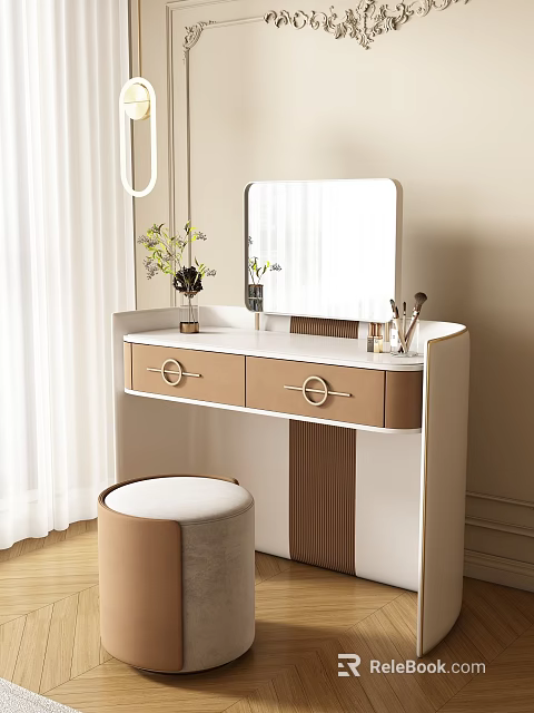 Modern Dressing Table With Round Mirror Brown Drawers And Beige Stool 3d model 